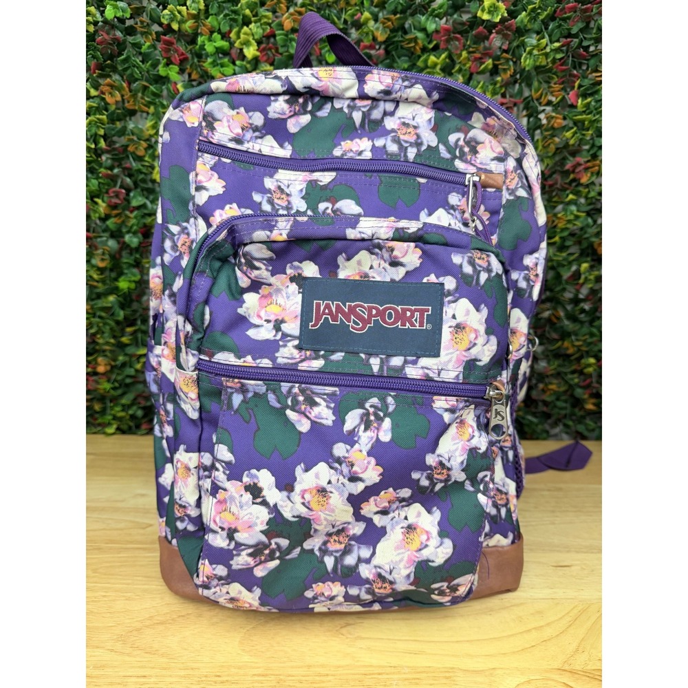 JanSport Purple Floral Backpack Faux Leather Bottom Laptop Sleeve Daypack
